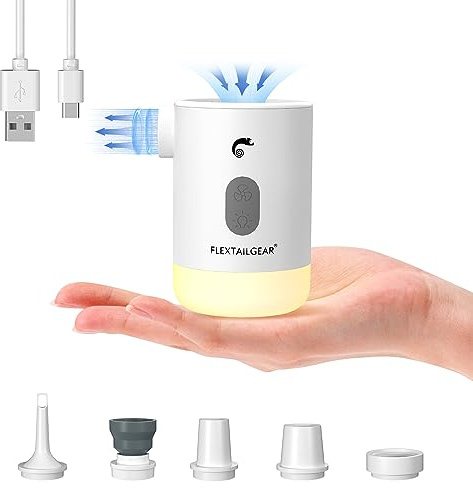 FLEXTAILGEAR MAX PUMP 2 PRO, Portable Electric Air Pump, 4.5kpa, 20-200lm LED Light, 4800mAH Rechargeable Battery，High Flow 300L/min, Fast In/Deflating, Air Mats, Swimming Rings, Vacuum Bags (white)