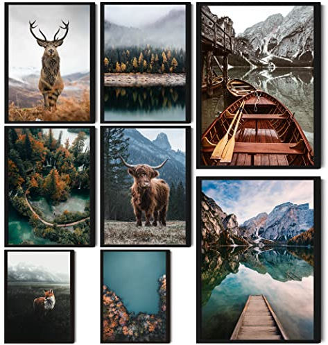 HappyArts® | Premium 8er Poster Set | Bilder Wohnzimmer Deko Schlafzimmer | Natur Berge See Wandern Hirsch (ohne Rahmen)…