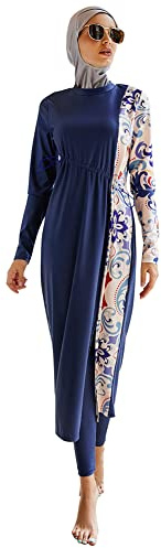 OBEEII Maillot de Bain Musulman Femme Islamique Hijab Couverture Complète 3 pièces Maillot de Bain Beachwear Burqini Burkini Bleu foncé S