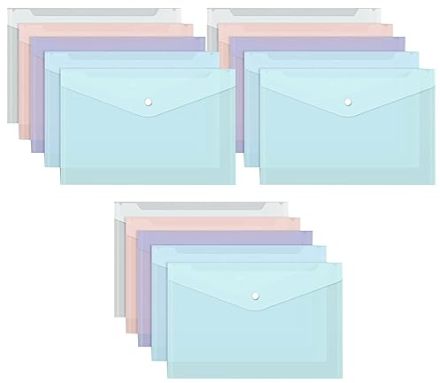 Pochette A4 Plastique Transparente, 15 PC Documents Dossier Bouton Pression, Sachet Extensible Fermeture
