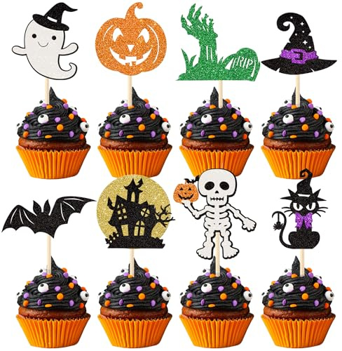 Xsstarmi 32 Pack Halloween Ghost Cupcake Toppers Glitter Zombie Bat Pumpkin Ghost Witch Cat Cupcake Picks Decoration for Halloween Theme Baby Shower Birthday Party Cake Decorations