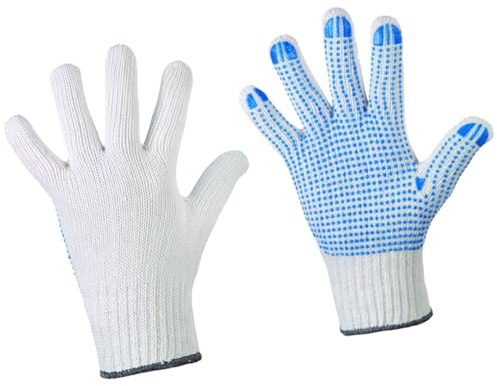 D2D | 2 Paar - Weiße Strickhandschuhe mit Blauen PU-Noppen - Größe: 8 (M) - aus Baumwolle Norm EN 388 - Umzugshandschuhe - Monatgehandschuhe - Rutschfeste Handschuhe