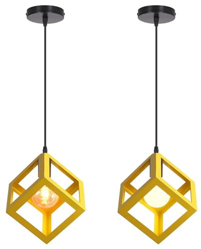 iDEGU 2 Piezas Lámparas Colgantes Moderna Diseño Cubo Lámpara de Plafón de Estilo Geométrico de Metal Iluminación E27 Lámpara de Techo Vintage para Dormitorio, Salón, Restaurante - 16 cm, Amarillo