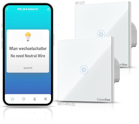 GreenSun Interrupteur Wi-Fi compatible avec Alexa, 1 voie, 2 voies, contrôle par application Tuya/SmartLife, WiFi 2,4 GHz (fil de feu zéro nécessaire)