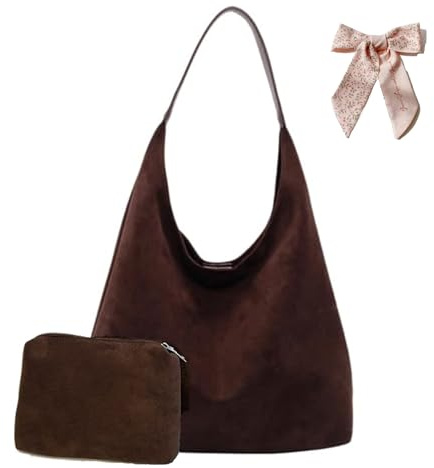 SCOFY FASHION Faux Wildleder Einkaufstasche mit Beutel, Hobo Slouch Bag, Damen Umhängetaschen Retro Damen Hobos Taschen für Reisen Schule College Arbeit (Kaffee)