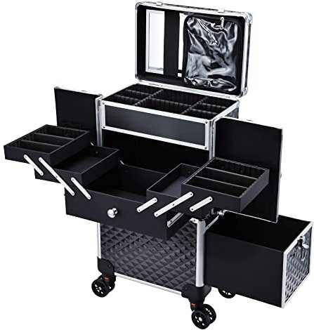 Kosmetik Trolley Friseurkoffer mit Schublade und Spiegel Kosmetikkoffer mit 4 Tabletts Make up Koffer Groß Schminkkoffer Nagelkkoffer Abschließbare Beauty Case Friseur Box,Schwarz
