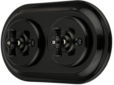 Interruttore a incasso in porcellana, stile retrò, rotante, a 2 scomparti, All-in-One, set serie PR1, nero