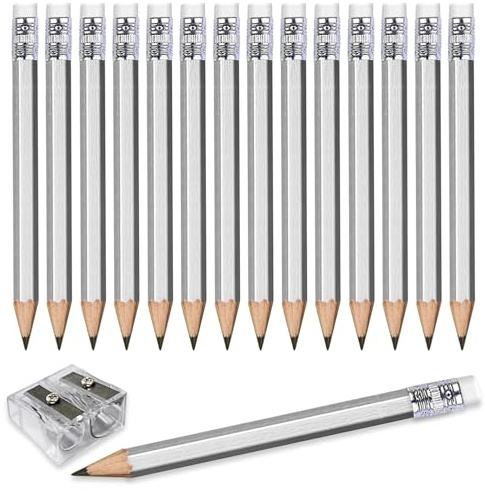 Adhere 25pcs Golf Pencils with eraser Hexagon Wooden Pencils Graphite 2B for Golf Event Scoring,Classroom,Wedding,Company Meetings,Pew, Pocket (Silver)