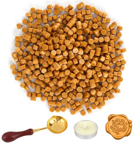 500 Pièces Perles De Cire à Cacheter, Kit De Sceau De Cire Octogonal Rouge avec CuillèRe à Fondre, Bougies pour Enveloppes (Or)
