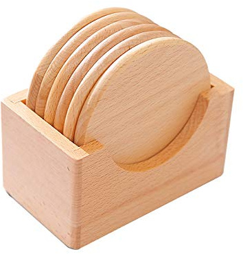 Wooden Beech Coaster Set with Holder, 6-Piece Round Cup Mats for Hot Beverages, Japanese-European Style