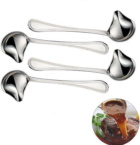 TOATELU Lot de 4 louches à soupe en acier inoxydable : louche à sauce avec bec incliné, 28 cm de large, surface de louche à soupe, cuillères à soupe, passent au lave-vaisselle, louches à long manche