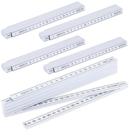 5-Piece Folding Ruler 2M Set, White Plastic Fiberglass Foldable Ruler, 10-Fold Multi Angle Metric Measuring Stick, Portable Fold Rulers with Precise Snapping for Carpenters, Builders, Decorators, DIY