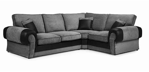 Grey Fabric & Black Faux Leather 3+2 Corner Armchair Seater Sofa Set | Modern High Back Cushioned Sofas | Deep Seat Comfort Living Room Suite | UK Home (Right Hand Corner)