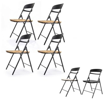 Jardin202 - Silla Plegable Florencia Negra | Asiento Negro/Blanco/Madera | Estilo Italiano | Estructura de Metalica | Hogar, Oficina | Pack 4 uds (Asiento Madera)