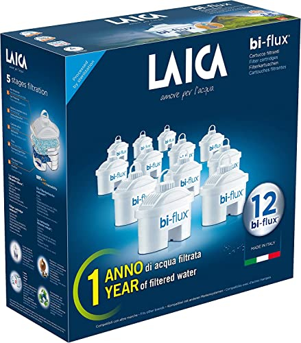 LAICA bi-flux® Filtro per Acqua – Preserva i Sali Minerali Utili all'Organismo e Riduce Cloro e Calcare - 12 Mesi di Acqua Buona e Filtrata (12 Filtri x 150L) - Made in Italy
