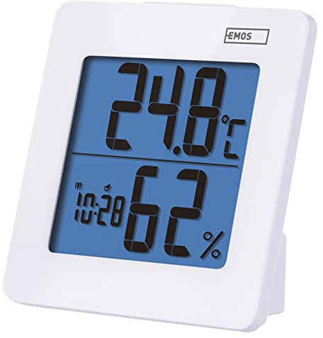 EMOS Digitales Thermometer und Hygrometer, Innenthermometer mit Uhr, Wecker mit Snooze und Kalender