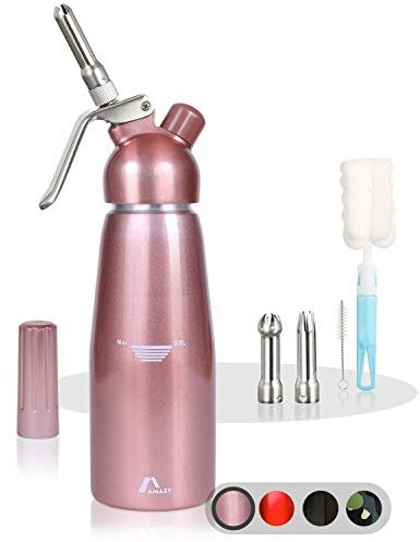 AMAZY Sifone Panna montata incl. 3 beccucci Decorativi in Acciaio Inossidabile e 2 spazzolini– (Rosa| 500 ml) – Sifone Cucina montapanna per Panna, Creme, Spume, seltz, Soda e Spritz