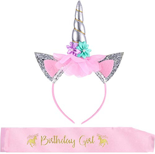 BOSSTER Bandeau de Licorne Argent Serre-tête Licorne avec Satin Rose Birthday Girl Ceinture our Les Anniversaires Les Jeux de Rôle Les Festivals Etc
