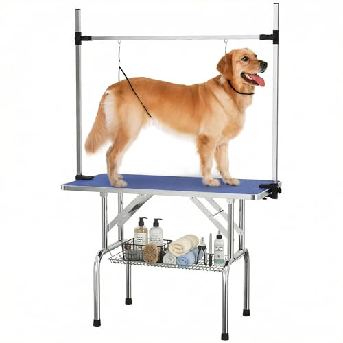 PawHut 42 Dog Grooming Table Adjustable Pet Cat Drying Beauty Table Rubber Top with 2 Loops Storage Basket Metal Blue