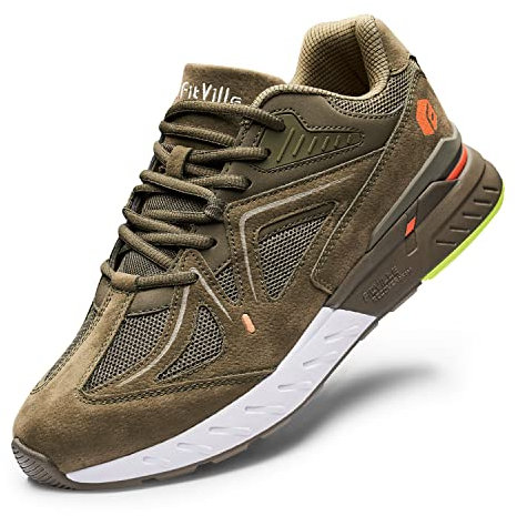 FitVille Mens Extra Wide Fit Trainers Comfortable Running Sneakers Lightweight Walking Shoes for Flat Feet Plantar Fasciitis, Army Green, 9 UK Wide