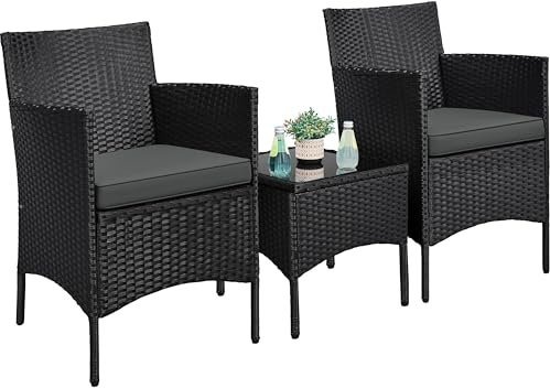 Yaheetech 3-Piece Rattan Garden Set, Outdoor Patio Conversation Furniture, Woven Chairs & 1 Side Table with Cushions for Bistro/Porch/Garden/Deck/Courtyard, Black/Grey