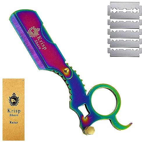 Professional Classic Straight Edge Barber Razor For Close Shaving -Salon Quality Men's Beard Cut Throat Finger Razor Shavette With 10 Shaving Blades By Krisp Shave (Titanium Multi-Color), 4.8 Inch