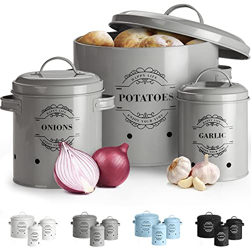 Virklyee Paniers Ail Pot à Oignon en Métal Set of 3-Pot de pomme de terre, d'oignon, d'ail, Pots et bocaux de conservation Rangement en métal Conception aérée pour un rangement facile(Gris o2)