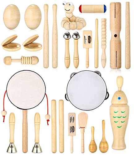 JOFLVA Musikinstrumente Für Kinder, 29 PCS Musikinstrumente Musical Instruments Set, Kinderspielzeug Ab 3 Jahre, Spielzeug Von Holz Percussion Kinder Schlagzeug Set, Trommel Rasseleier Klanghölzer.
