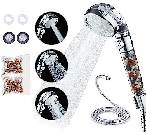 Pimaja Ionic Shower Head with Hose, High Pressure Mineral Shower Head with Beads Filter for Hard Water,4-Mode,Removable to Prevent Blockage,with Hose and Replaceable Mineral Stone Beads