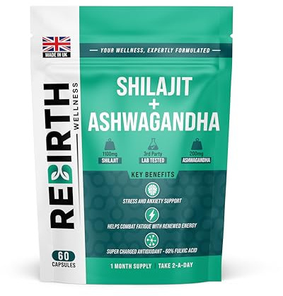 Shilajit Capsules 60 Vegan Capsules - 1300mg per Serving with Ashwagandha Root Extract, 60% Fulvic Acid, Pure High Strength Shilajit Supplement for Stamina and Stress -