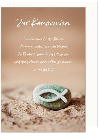 Edition Seidel Premium Glückwunschkarte zur Kommunion mit Umschlag. Kommunionskarte Karte mit Spruch Grusskarte Stein Fisch Sand Junge Mädchen (KO289 SW024)