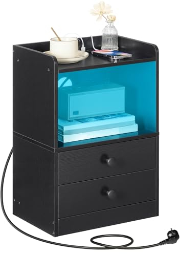 HOOBRO Nachttisch mit LED Streifen, Nachttisch mit Ladestation, Beistelltisch mit 2 Schubladen, Sofatisch für Schlafzimmer, Wohnzimmer, moderner Stil, Schwarz EBK28CDBZ01