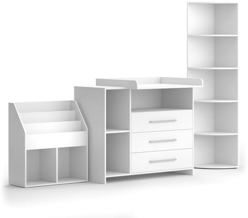 Vicco Set di mobili per bambini Oskar, Bianco, 3 parti, con fasciatoio, scaffale per giocattoli e libreria, convertibile in una normale cassettiera dopo la rimozione del fasciatoio