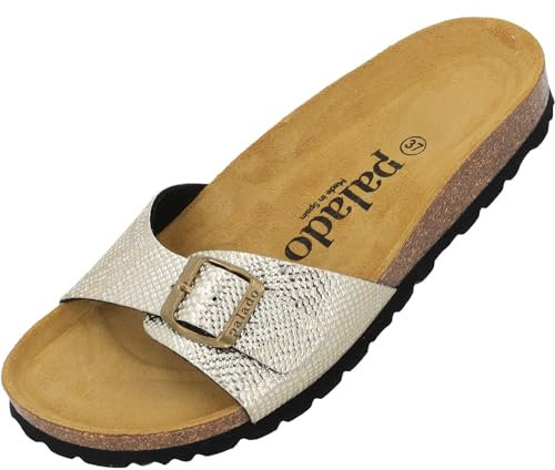 Palado Pantoletten Damen Malta Coralino – elegante Sandalen Made in Spain - bequeme Hausschuhe mit Kork-Fußbett - modische Sommerschuhe Gold UK8 - EU41