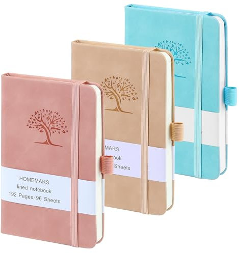 HOMEMARS Notizbuch A6, 3 Stück Notizbücher Set, 14.4cm x 9.6cm Notizblock, Khaki,Rosa,Hellgrün, 192 Seiten, Notizheft, Notizblock a6, Journal, Reisetagebuch, Notizbuch Leder, Prägebaum Design