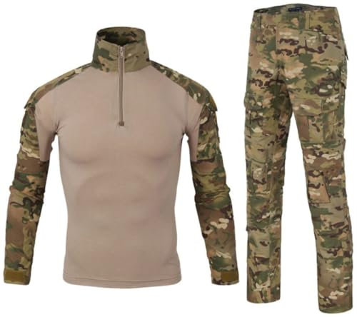 SUNDAYYO Herren Militär Uniform Taktische Anzug Combat Shirt und Hosen Airsoft Tarnanzug Hemd Bundeswehr Pullover Langärmlige mit 1/4 Reißverschluss Camouflage BDU Paintball Kleidung （CPMC,L）