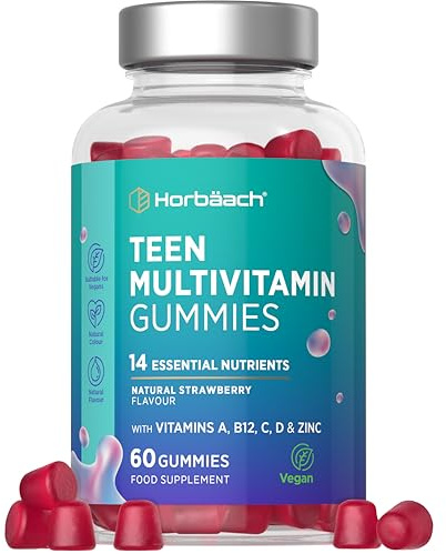 Multivitaminas Gominolas Adolescentes | Teen Balance | 14 nutrientes esenciales con Biotina Zinc Ácido Fólico Vitamina C Vitamina B12 y más! | Para adolescentes | Sin Aceite de Palma | Fresa |Horbaach