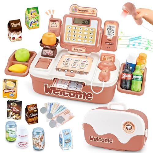 KalaDuck 2 In 1 Kasse Kaufladen Kinder, 42Stück Kinderkasse mit Scanner, Spielgeld, Kaufladen Zubehör und Walkie Talkie, Rollenspiele Supermarktkasse Einkaufsladen Geschenk für Jungen Mädchen (Rosa)