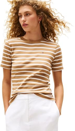 Tommy Hilfiger Camiseta de Manga Corta Mujer Slim Cody con Cuello Redondo, Multicolor (Hickory/Ecru STP), XXS