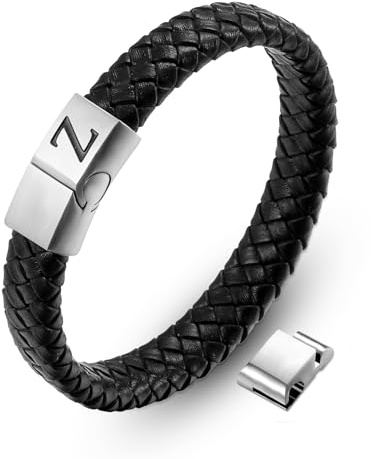 AFSTALR Läderarmband för män svart med skrapkort initial armband graverare bokstäver A-Z flätat läderarmband med magnetisk stängning smycken födelsedag fars dag personlig present till pappa/män