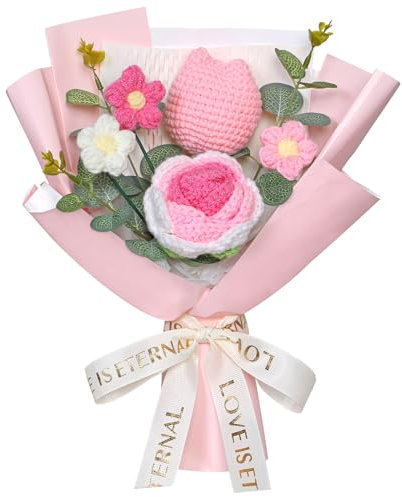 Dremisland Artificial Tulip Crochet Flower Bouquet Handmade Knitted Flowers Tulip Bouquet Pink Rose Flower Fake Floral Arrangement Crochet Kits for Mom Birthday Anniversary Wedding