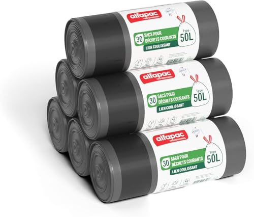 Alfapac professionnel - Carton de 390 sacs-poubelle 50L à lien coulissant - Ultra résistant - Etanche - 13 rouleaux de 30 sacs - Pour déchets courants