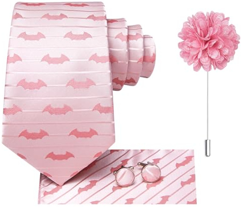 Hi-Tie Blush Pink Halloween Ties for Men Silk Men's Bat Tie and Pocket Square Cufflinks Lapel Pin Set Necktie for Party