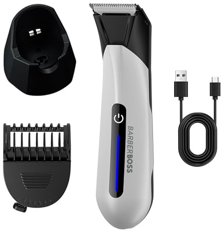 BarberBoss Hårtrimmer för män, vattentät ljumsk och bollgroomer, hudvänligt keramiskt blad, kamma med justerbar längd, USB-laddningsstativ och LED-ljus, manlig hygien rakapparat (vit)