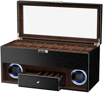XTELARY Caricatore doppio per orologi, caricaorologi per 2 orologi automatici con vetrina per orologi da 16 scomparti, cassetto, 4 modalità di rotazione, cuscino regolabile e luce LED blu per gli