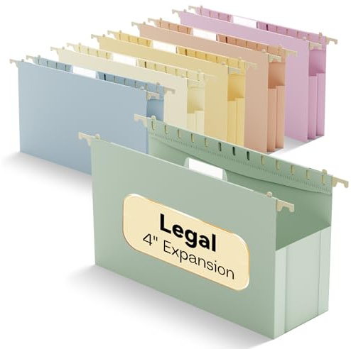 NORDUN Legal Size Hanging File Folders,6 Pack Heavy Duty 4 Expanding Pocket,Reinforced High Capacity Legal Plastic Hanging Folders,Sturdy Hang Folders with Tabs,Designed for Bulky Files,Pastel Color