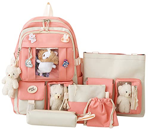 5 skolstart säsong mode kvinnor flicka student skolväska kanvas hänge ryggsäck väska crossbody väska pennväska ficka modulär ryggsäck laptop, Rosa, en storlek