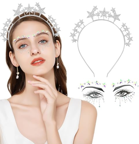 TIHNY Stjärna Diadem med Ansiktstatueringar, Glitter Hårtillbehör för Damer och Flickor, Pannband för Maskerad, Bröllop, Karneval, Silver