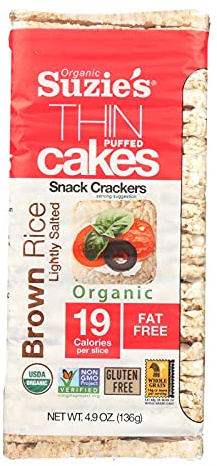 Suzie's Organic Brown Rice Cake Thins|12 Pack|Lightly Salted Low Sodium|USDA Organic, NON-GMO, Fat-Free, Sugar-Free, Gluten-Free|Low-Calorie Snack-20 Calories Per Slice|Bread & Cracker Replacement