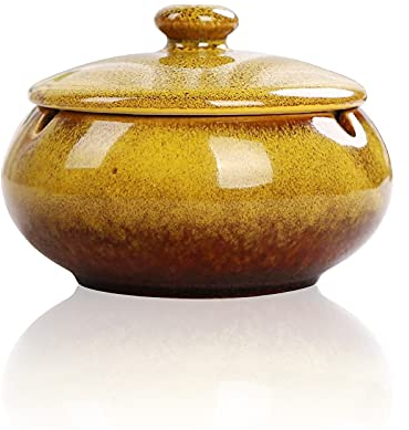 Lependor Keramikaschenbecher mit Deckel, winddicht, Zigarettenaschenbecher für den Innen- oder Außenbereich ， Aschenhalter für Raucher, Desktop-Aschenbecher für die Inneneinrichtung - Gelb